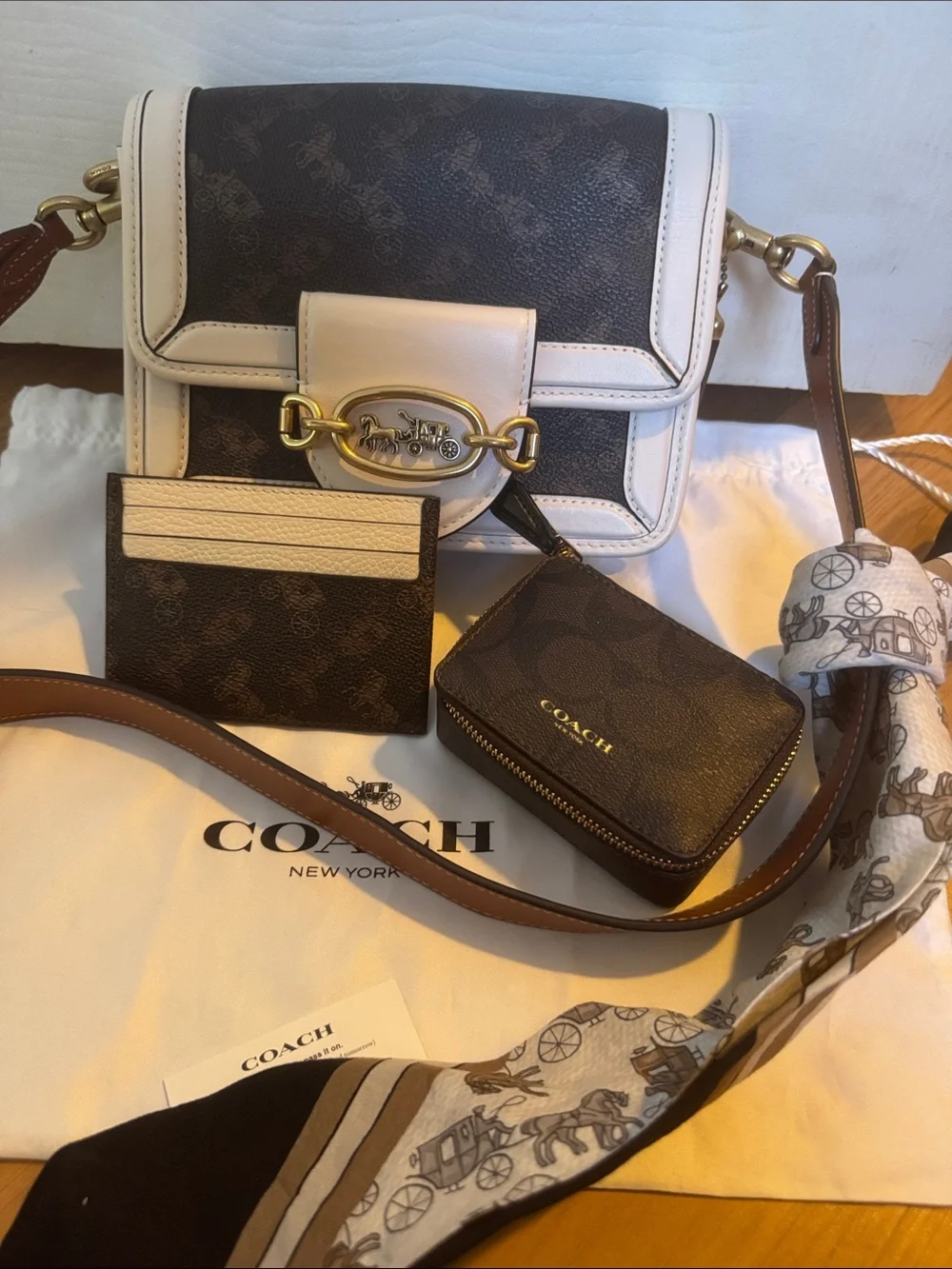 Coach Hero Mini Truffle Crossbody Bag, Coin Pouch, Card Holder, Scarf EUC Chalk